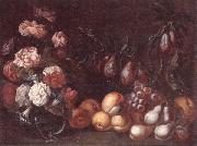 unknow artist Still life of Roses and convulvuli in a Glass vase,Together with peaches,grapes,pears and plums oil on canvas